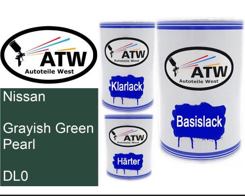 Nissan, Grayish Green Pearl, DL0: 500ml Lackdose + 500ml Klarlack + 250ml Härter - Set, von ATW Autoteile West.